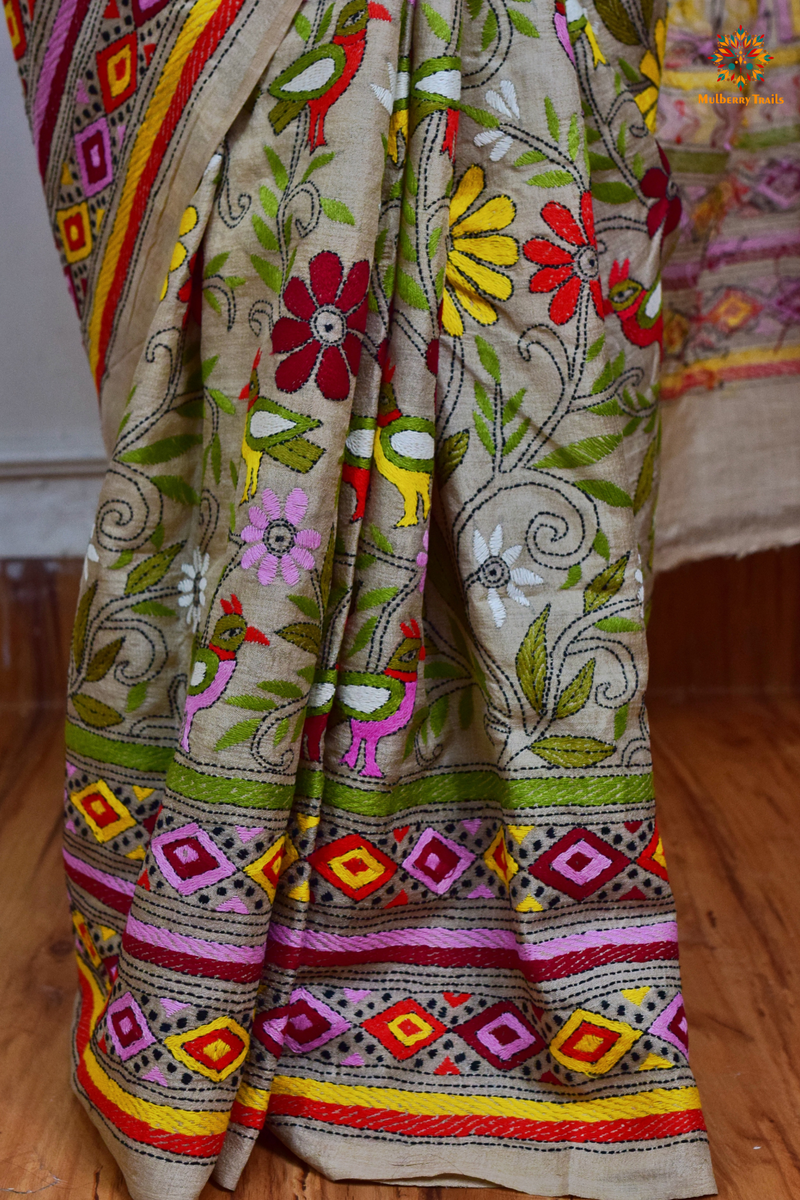 Rima - Tusser Silk Saree with all over Kantha Embroidery