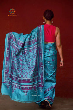 Rima - Ocean Blue Tusser Silk Saree with allover Vine design Kantha Embroidery