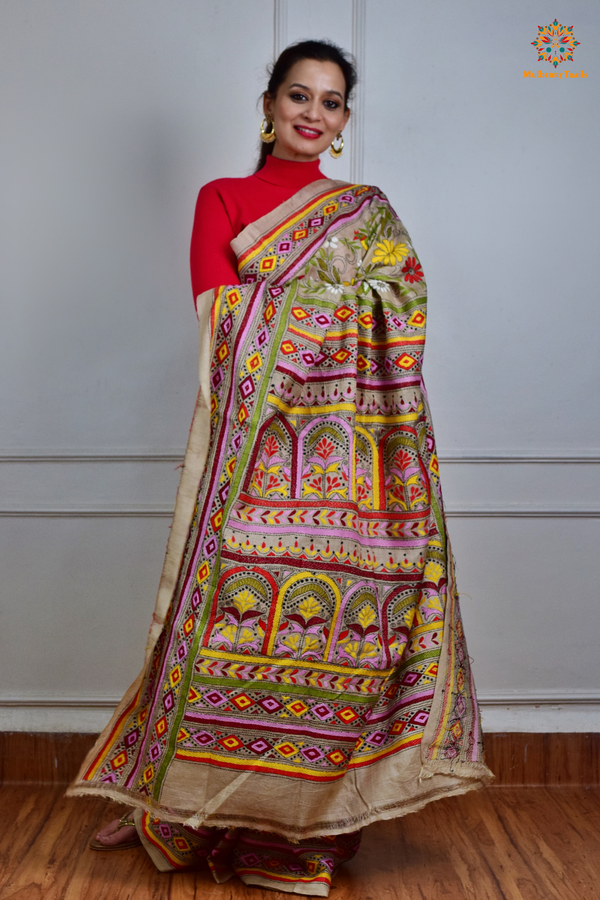 Rima - Tusser Silk Saree with all over Kantha Embroidery