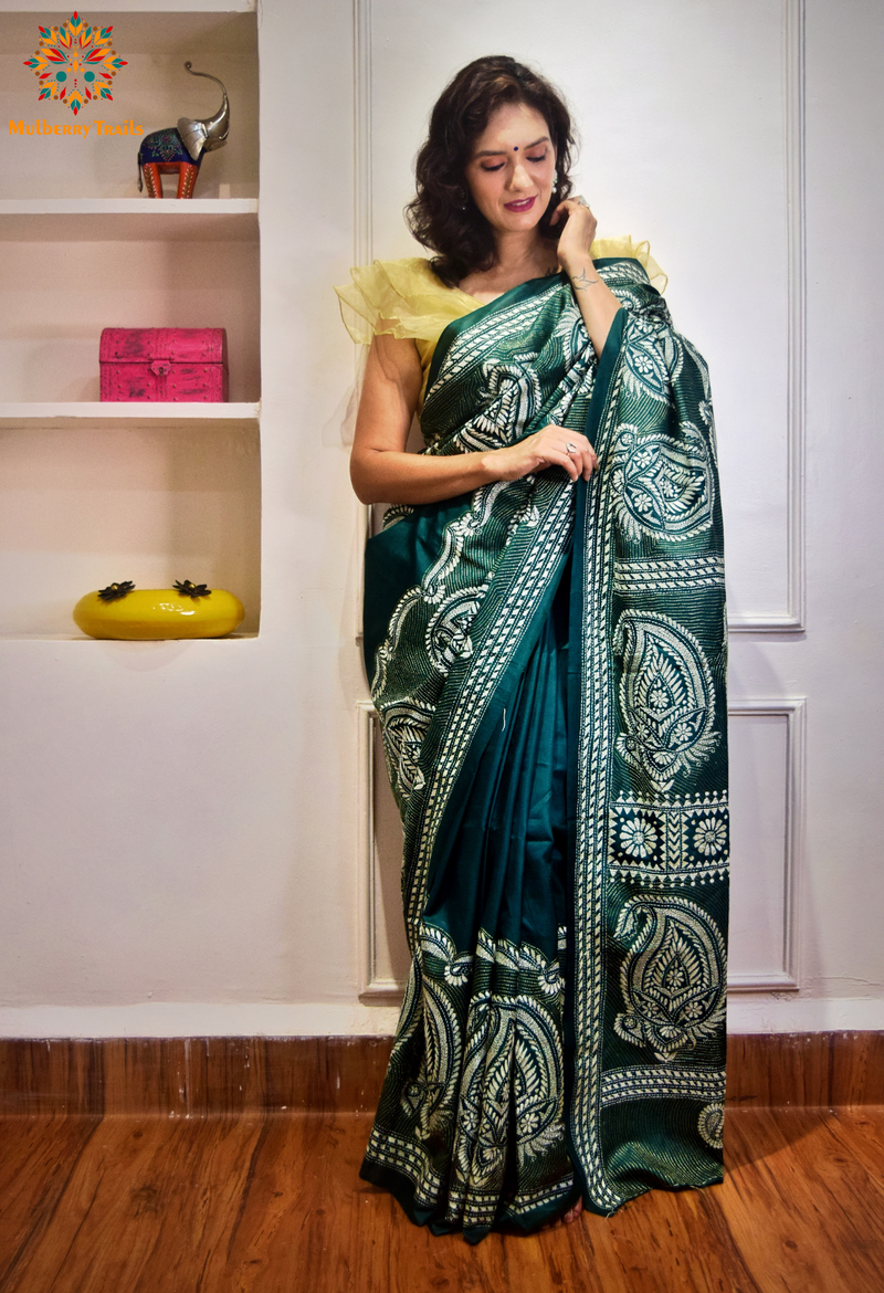 Rima - Green Paisley Bangalore Silk Kantha Embroidery Saree