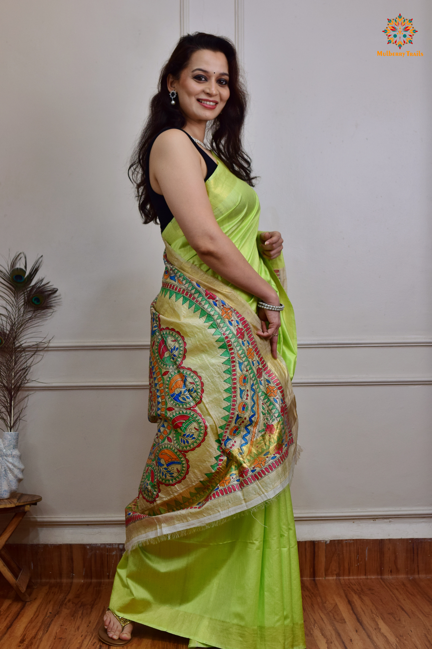 Pavani - Staple Tusser Handpainted Madhubani Saree- Lime Green