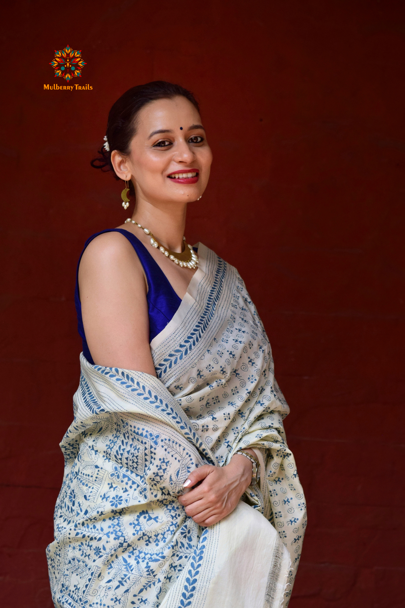 Rima - Tusser Silk Saree with Blue Warli Embroidery Saree