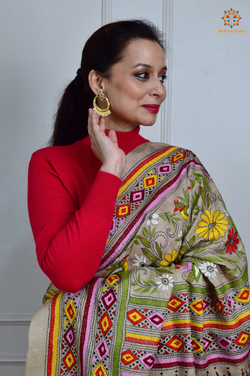 Rima - Tusser Silk Saree with all over Kantha Embroidery