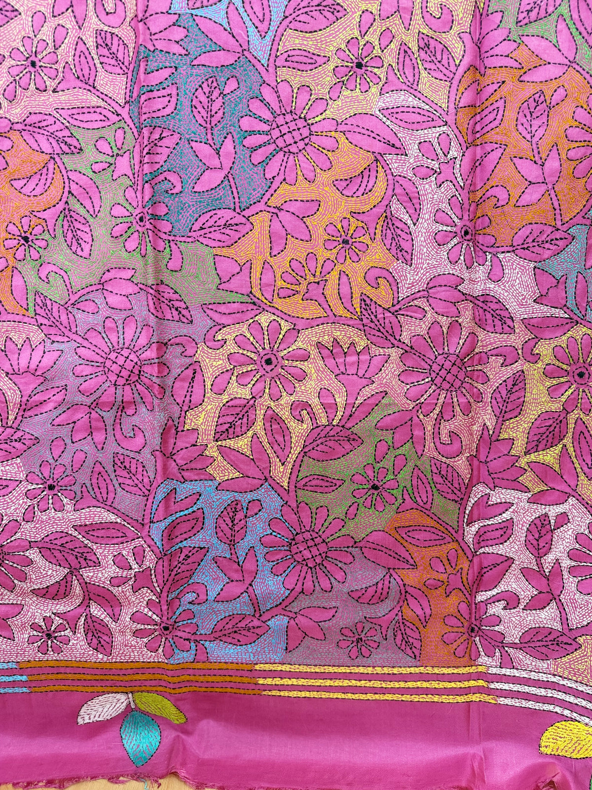 Rima - Bangalore silk saree with kantha embroidery pink
