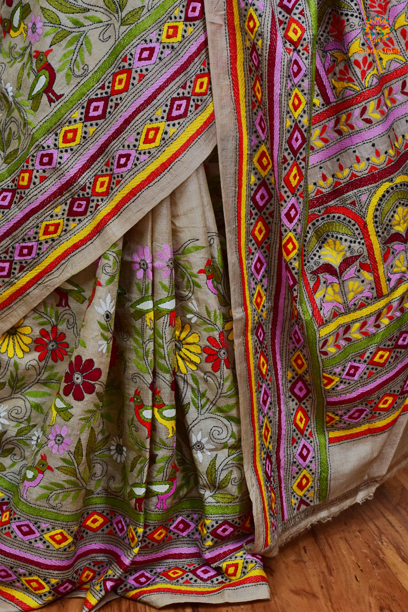 Rima - Tusser Silk Saree with all over Kantha Embroidery