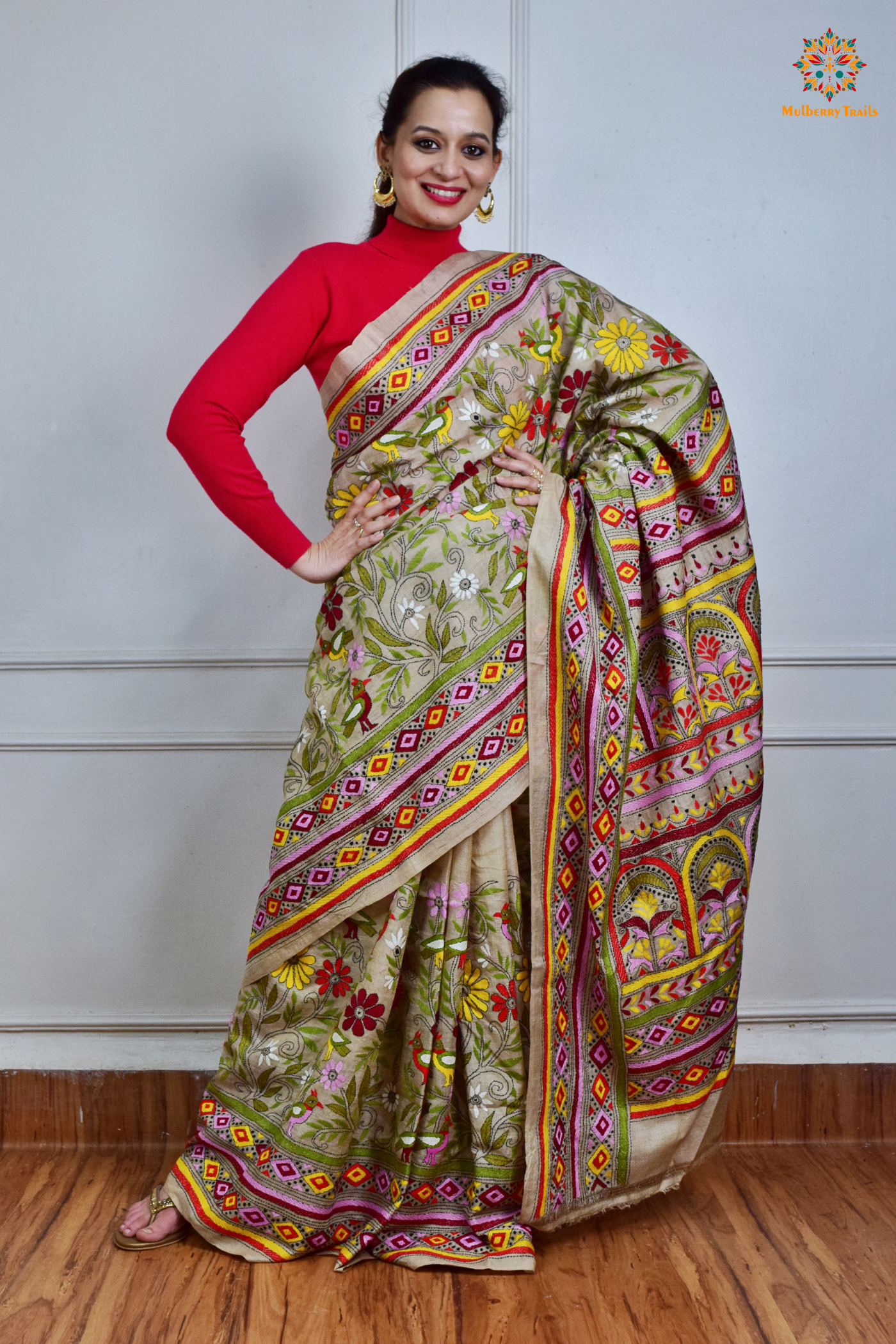 Rima - Tusser Silk Saree with all over Kantha Embroidery