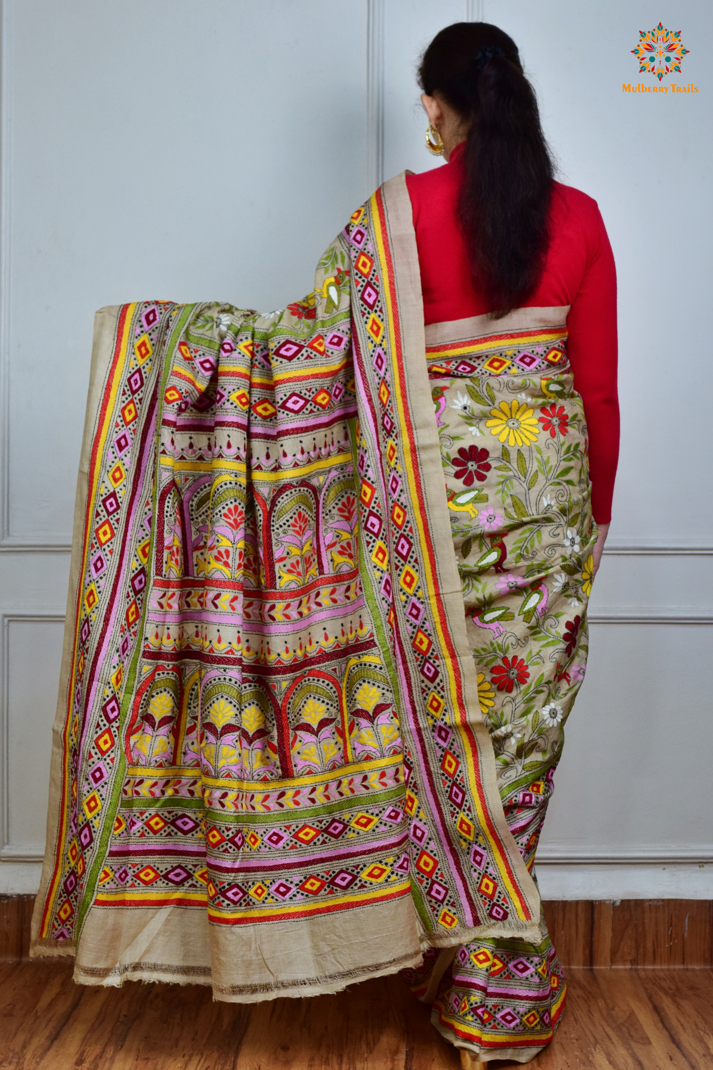 Rima - Tusser Silk Saree with all over Kantha Embroidery