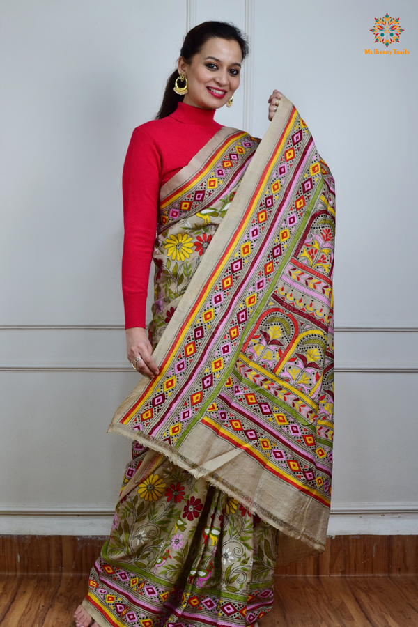 Rima - Tusser Silk Saree with all over Kantha Embroidery