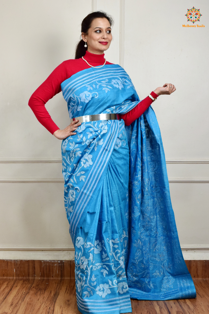 Rima - Tusser Silk Saree with all over Kantha Embroidery