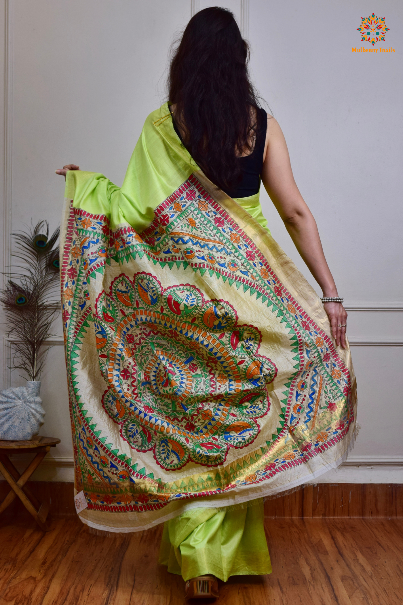 Pavani - Staple Tusser Handpainted Madhubani Saree- Lime Green