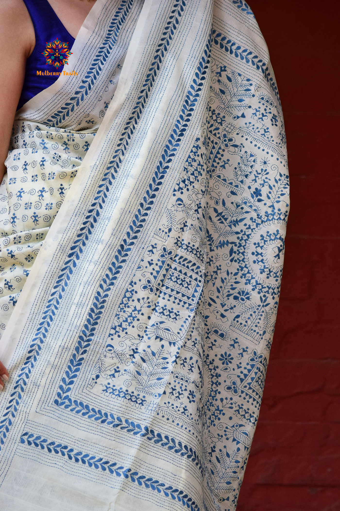 Rima - Tusser Silk Saree with Blue Warli Embroidery Saree