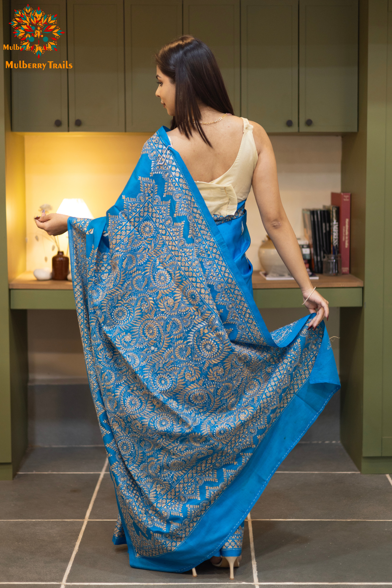 Rima - Chintamani Blue Silk Saree with kantha Embroidery