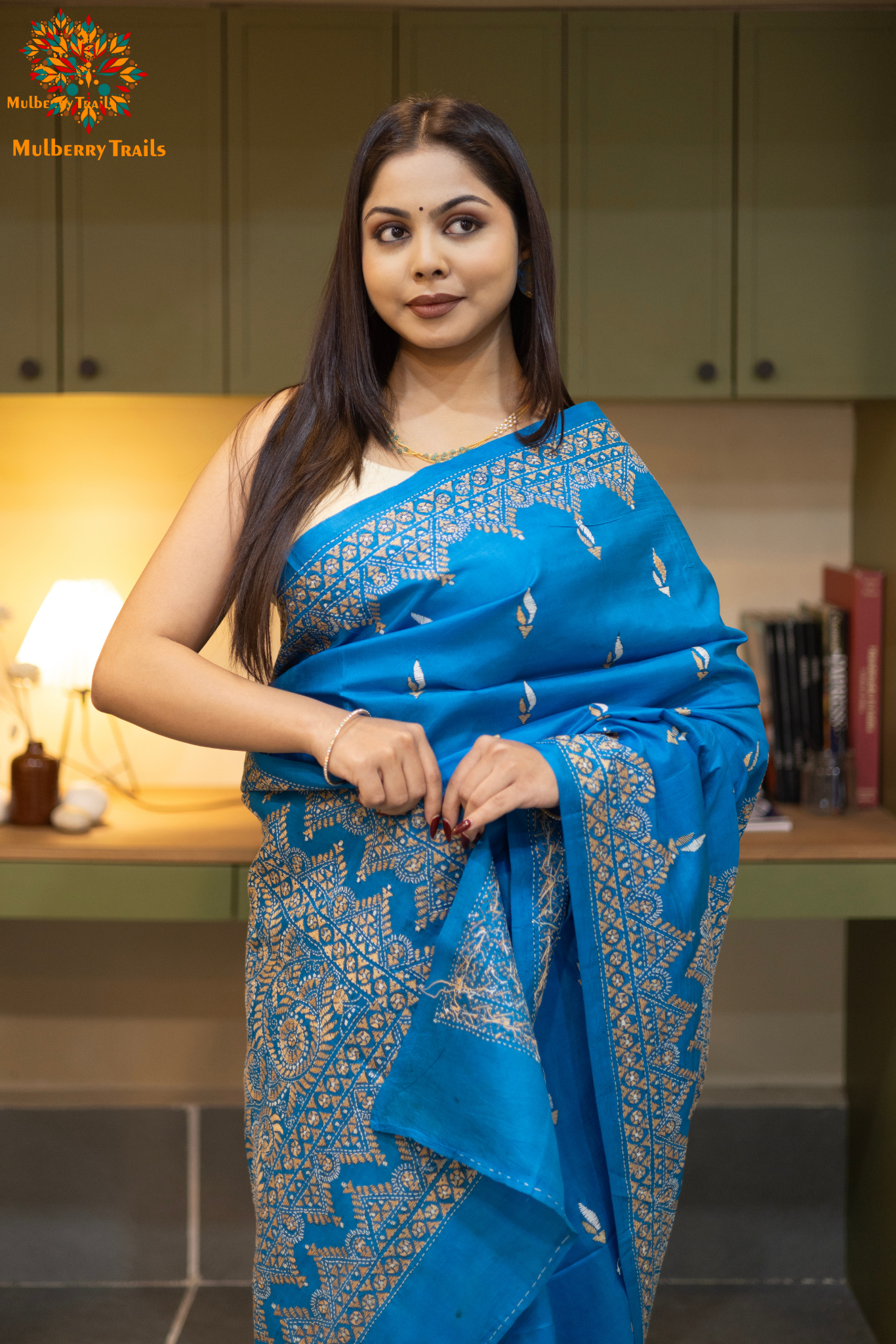 Rima - Chintamani Blue Silk Saree with kantha Embroidery