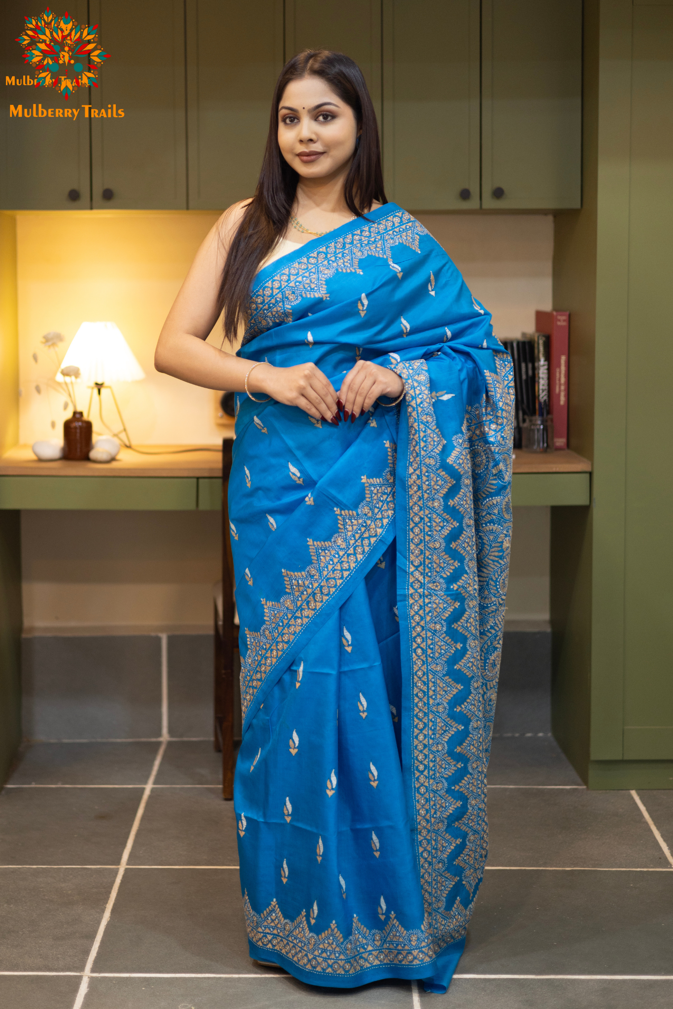 Rima - Chintamani Blue Silk Saree with kantha Embroidery