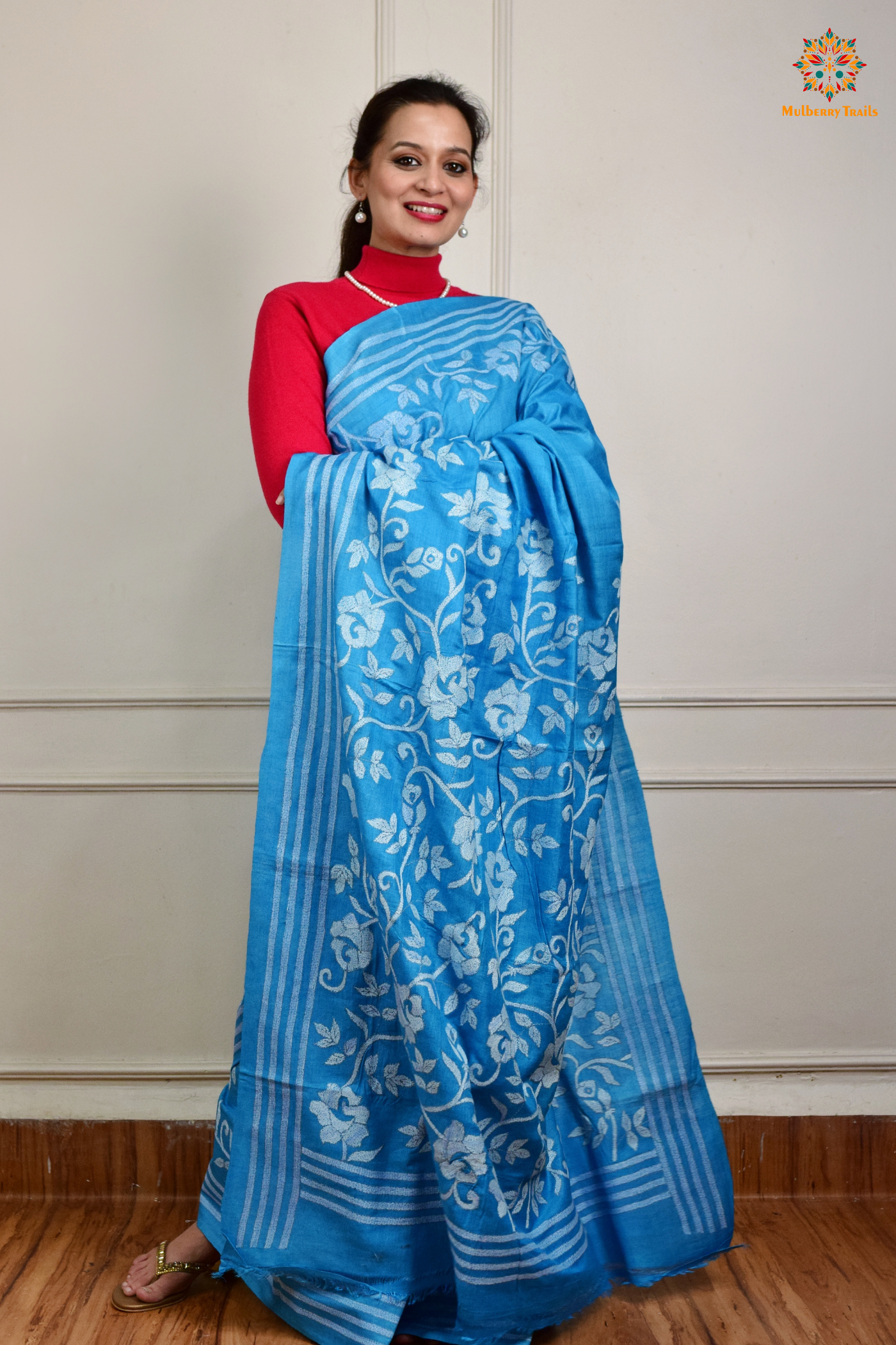 Rima - Tusser Silk Saree with all over Kantha Embroidery