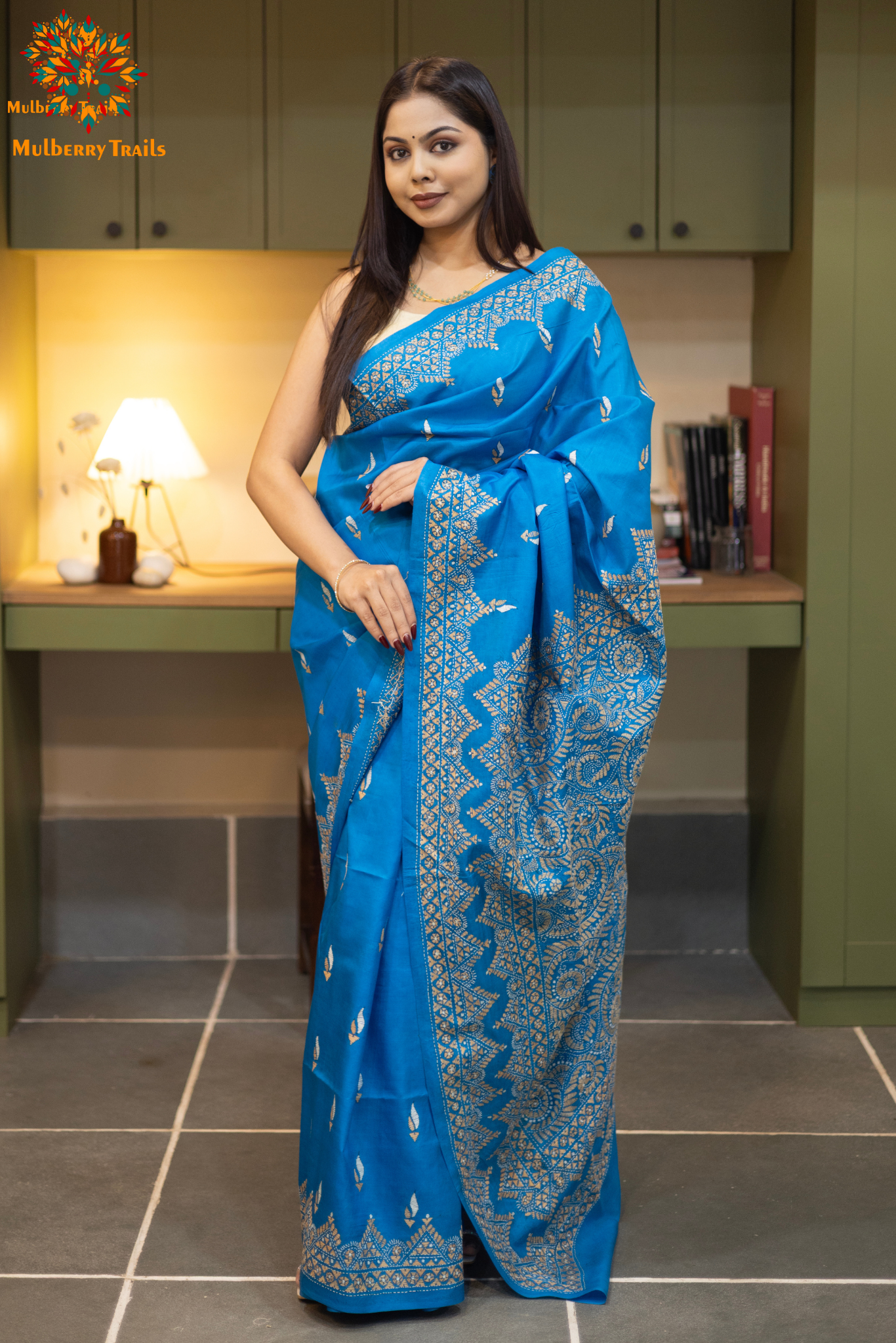 Rima - Chintamani Blue Silk Saree with kantha Embroidery