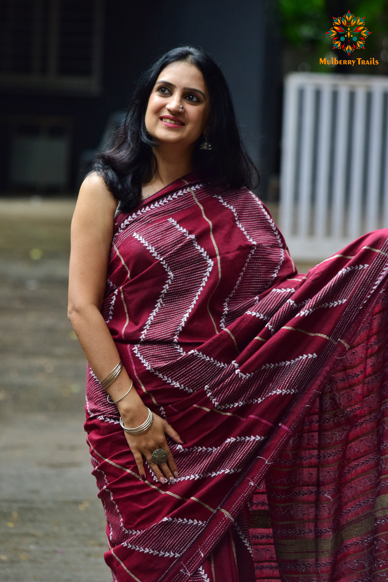 Vipas: Cotton Handloom Saree with Kantha Embroidery