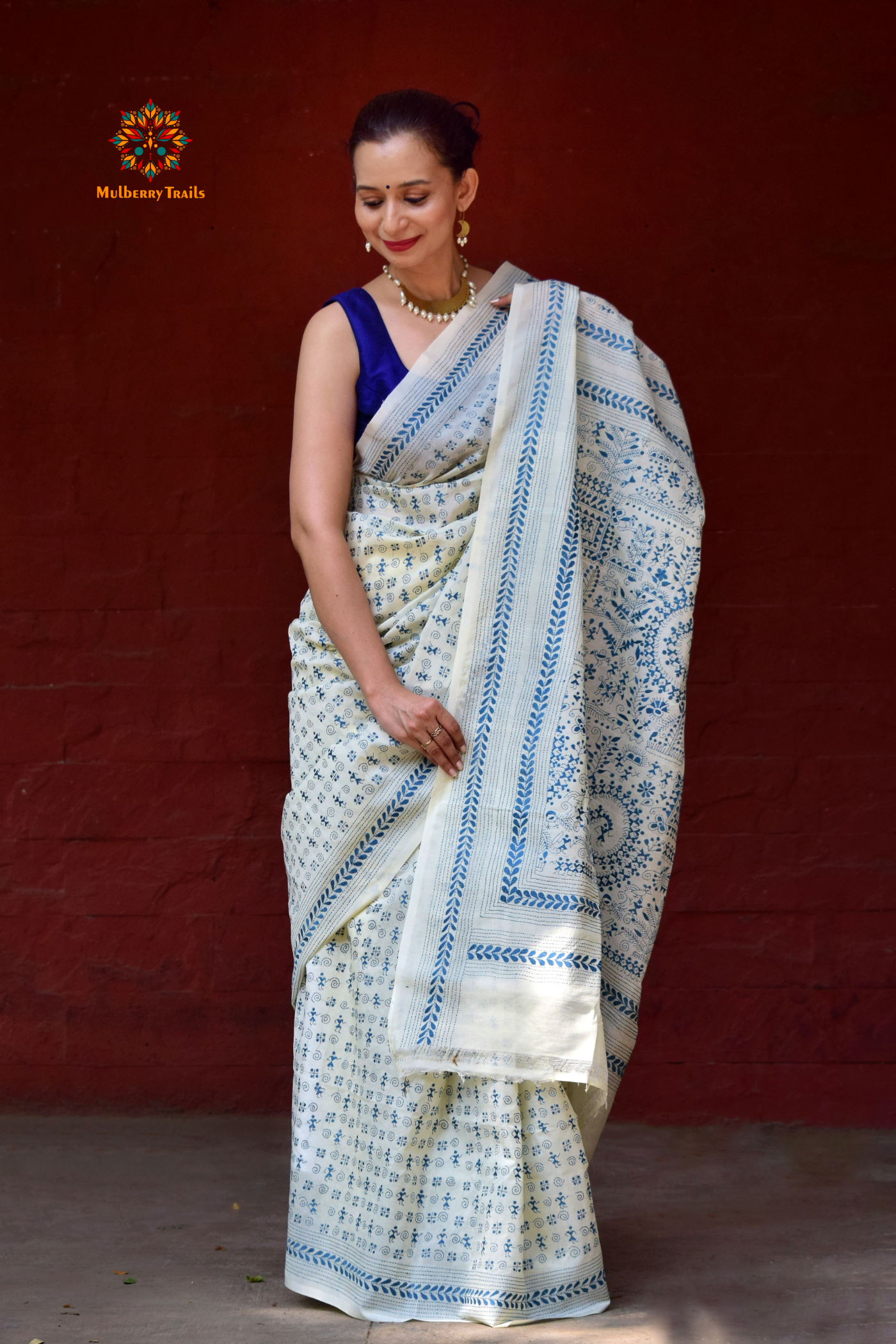 Rima - Tusser Silk Saree with Blue Warli Embroidery Saree