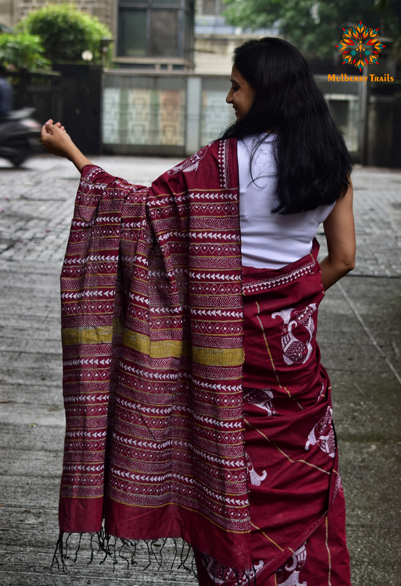 Vipas: Cotton Handloom Saree with Kantha Embroidery - Maroon