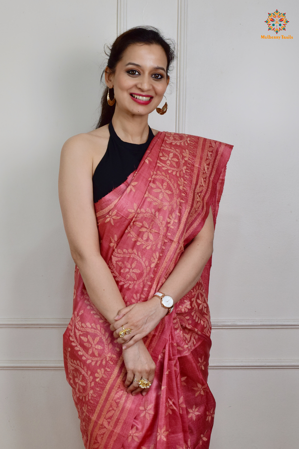 Rima - Tusser Silk Saree with all over Kantha Embroidery