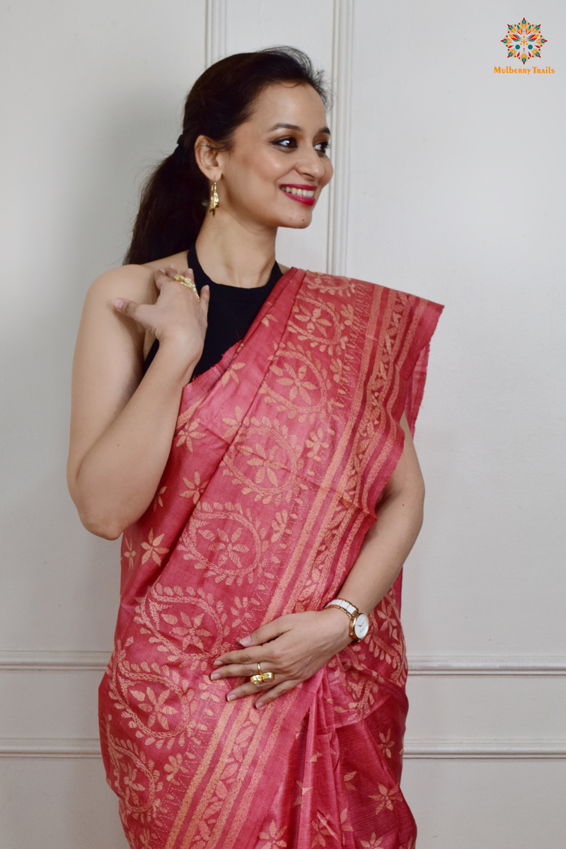 Rima - Tusser Silk Saree with all over Kantha Embroidery