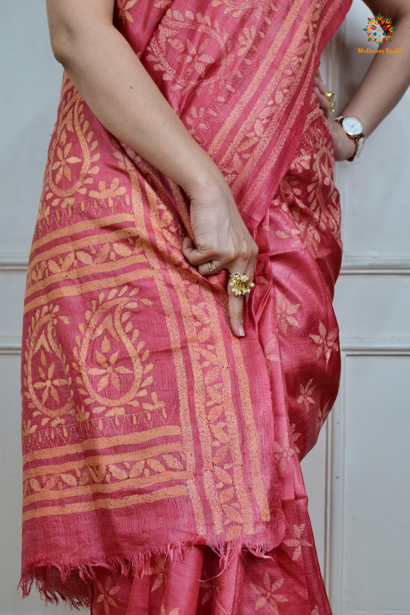 Rima - Tusser Silk Saree with all over Kantha Embroidery