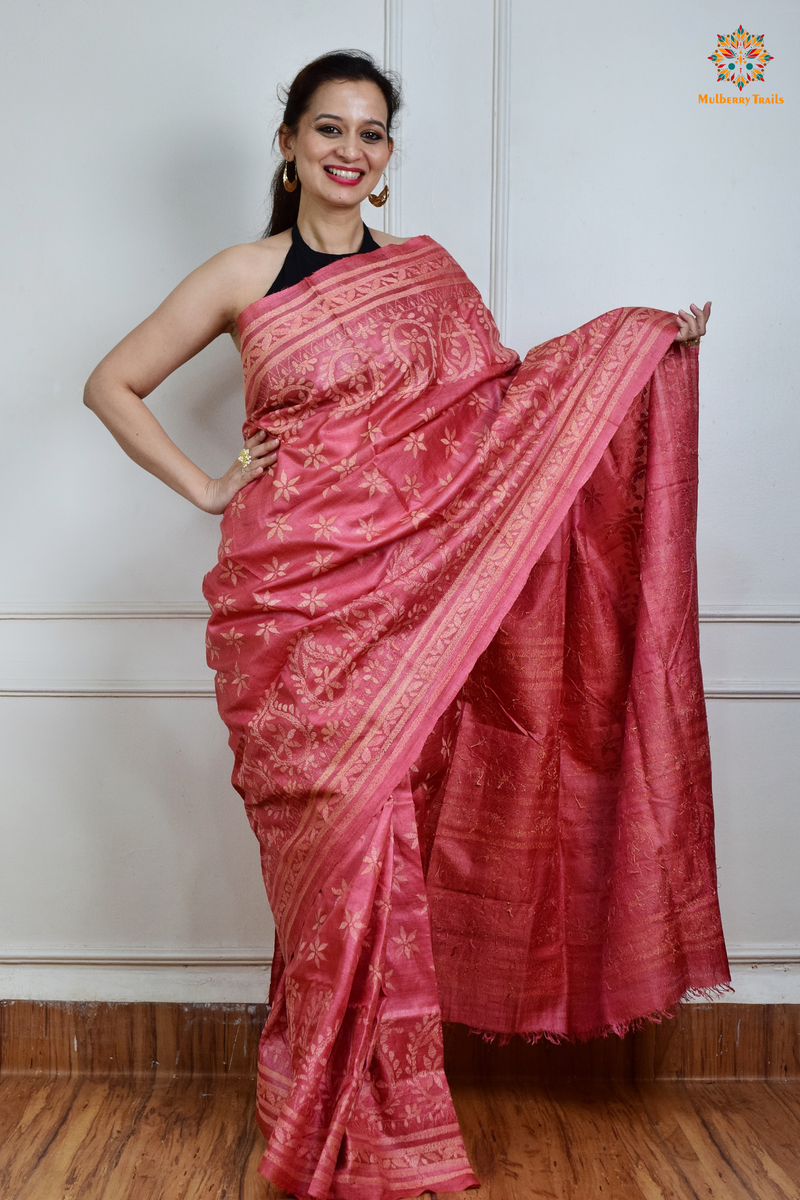 Rima - Tusser Silk Saree with all over Kantha Embroidery