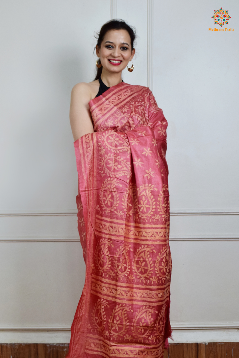 Rima - Tusser Silk Saree with all over Kantha Embroidery