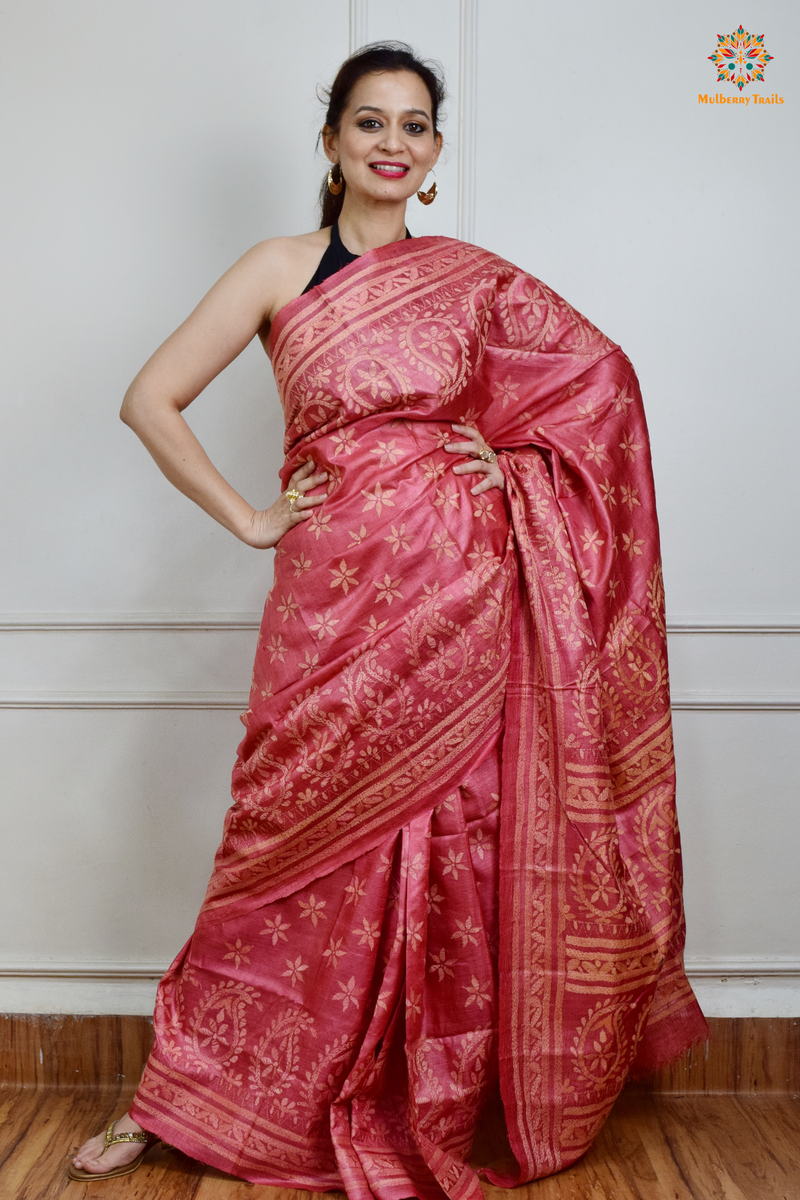 Rima - Tusser Silk Saree with all over Kantha Embroidery