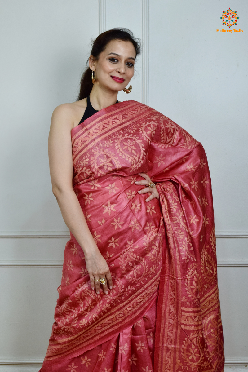 Rima - Tusser Silk Saree with all over Kantha Embroidery