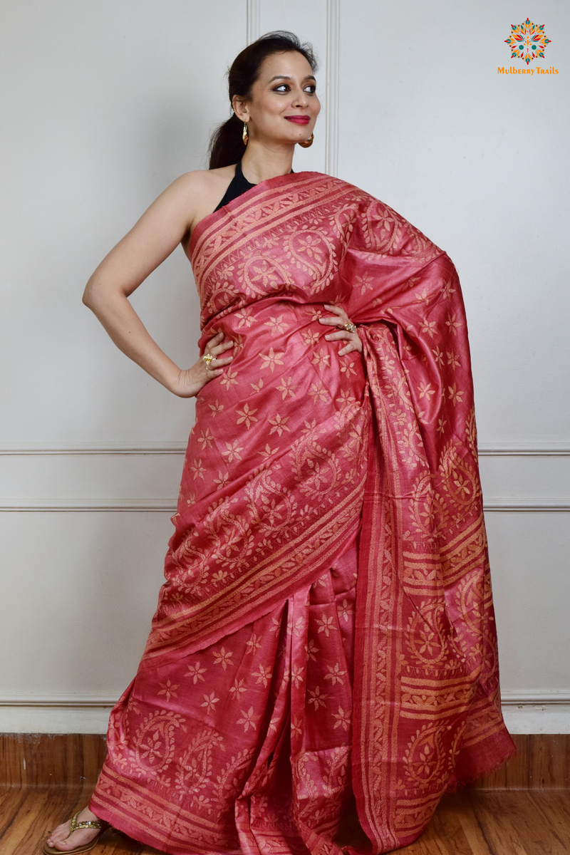 Rima - Tusser Silk Saree with all over Kantha Embroidery