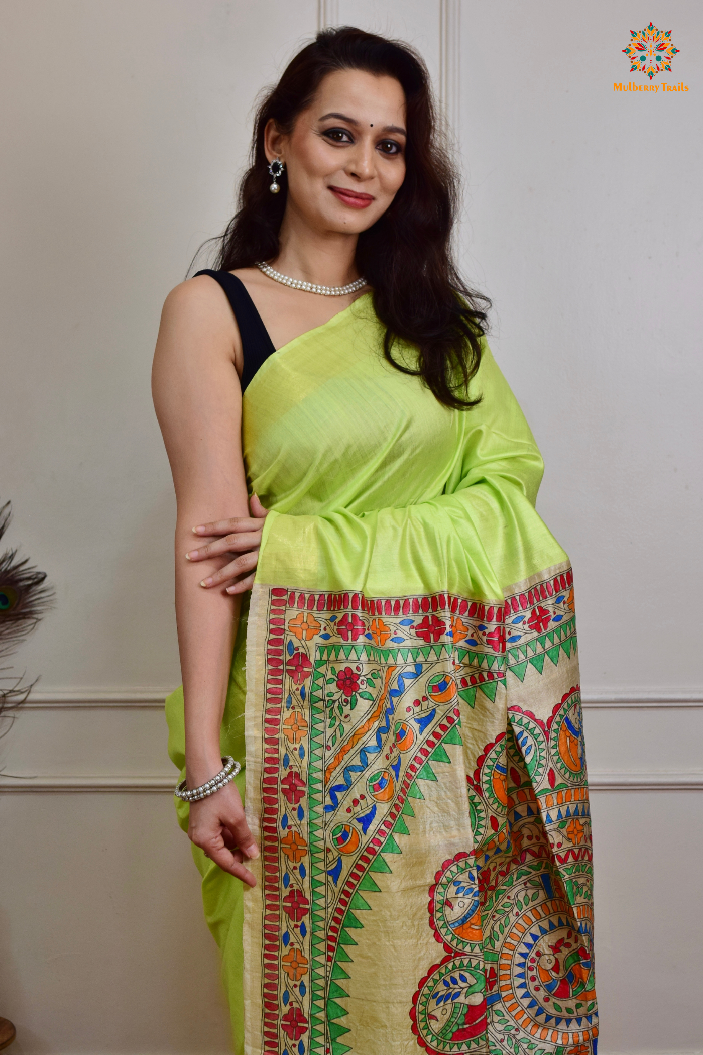 Pavani - Staple Tusser Handpainted Madhubani Saree- Lime Green