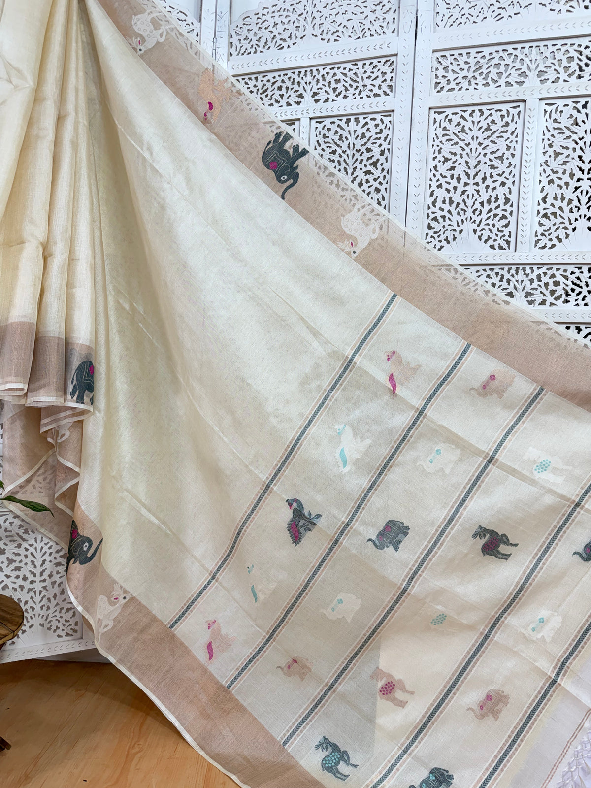 Meghana: Premiun Tusser silk Saree_Motiya peacock deer motif