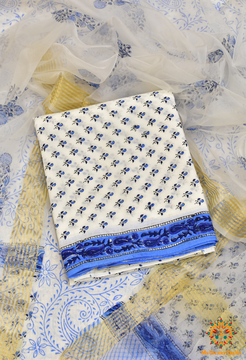 Trikaya Cotton Dress Material with Organza Dupatta - White
