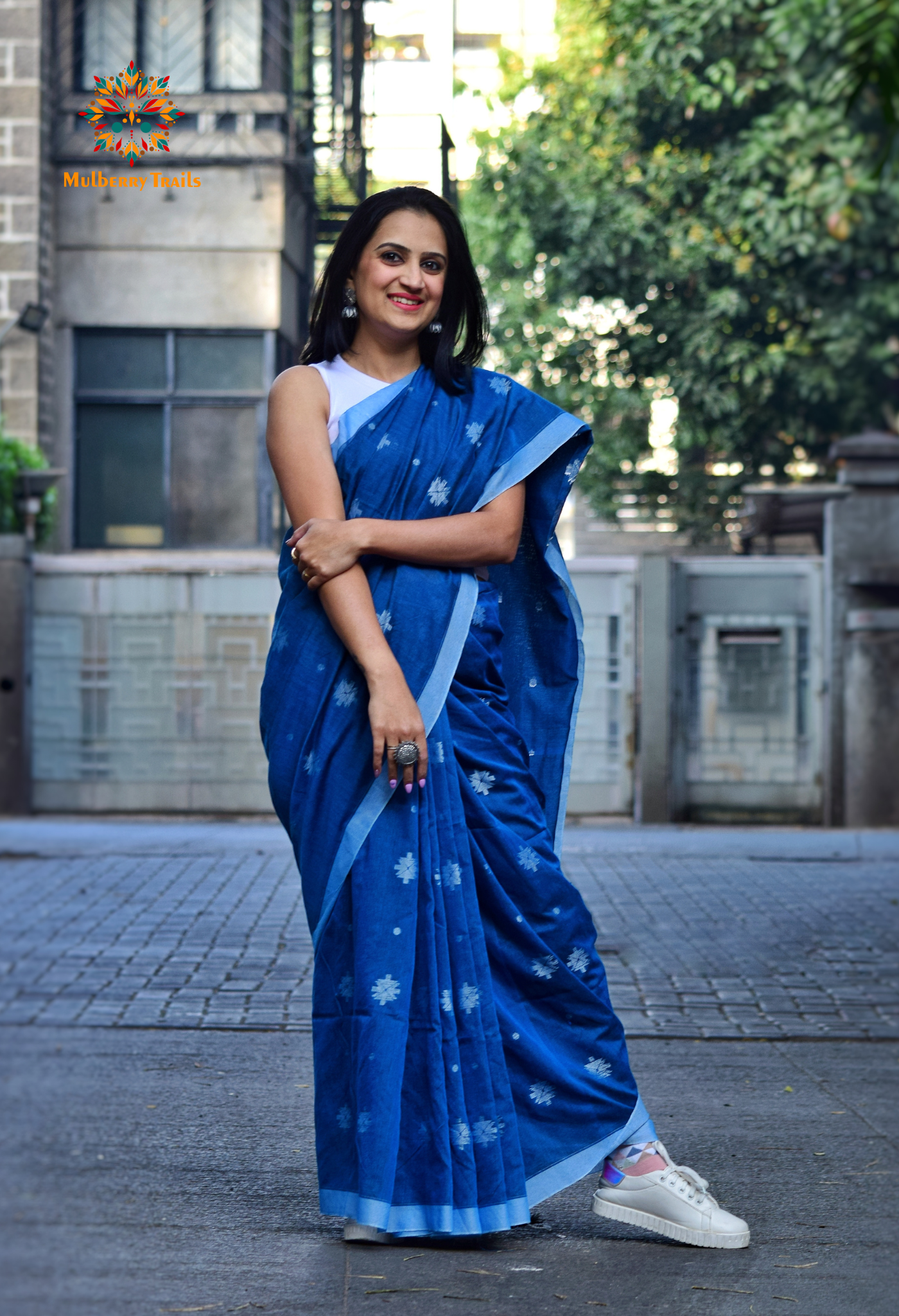 Aravi: Flowy Summer Cotton Saree Denim Blue