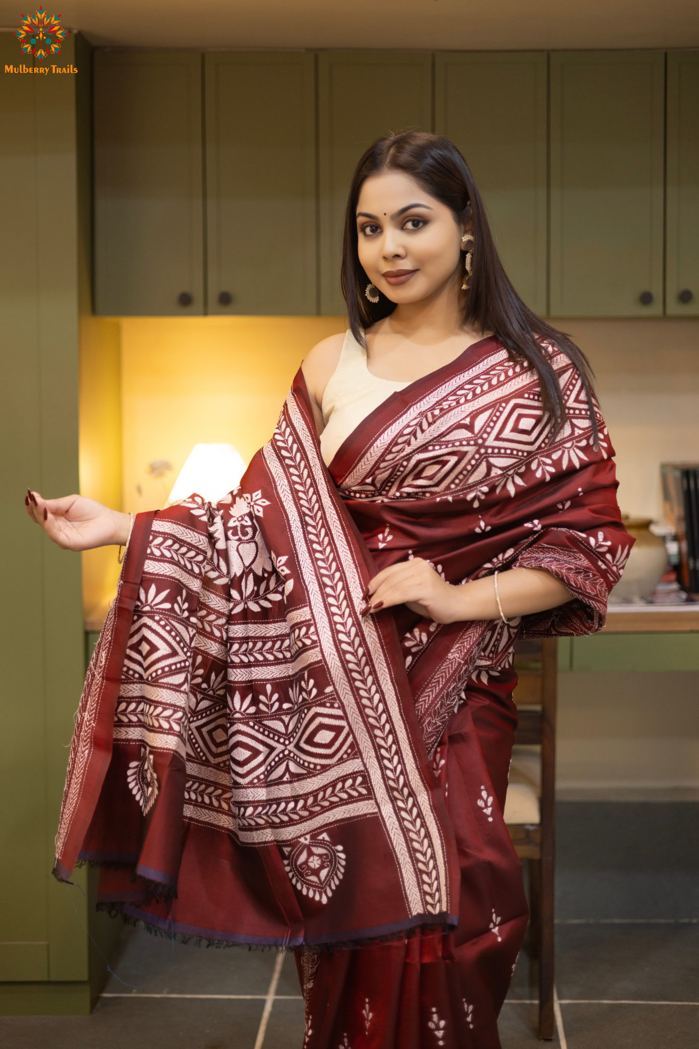 Rima - Maroon Silk Saree with kantha Embroidery