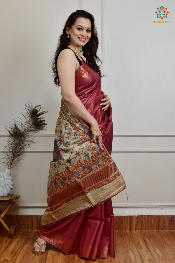 Pavani - Staple Tusser Handpainted Madhubani Saree- light maroon