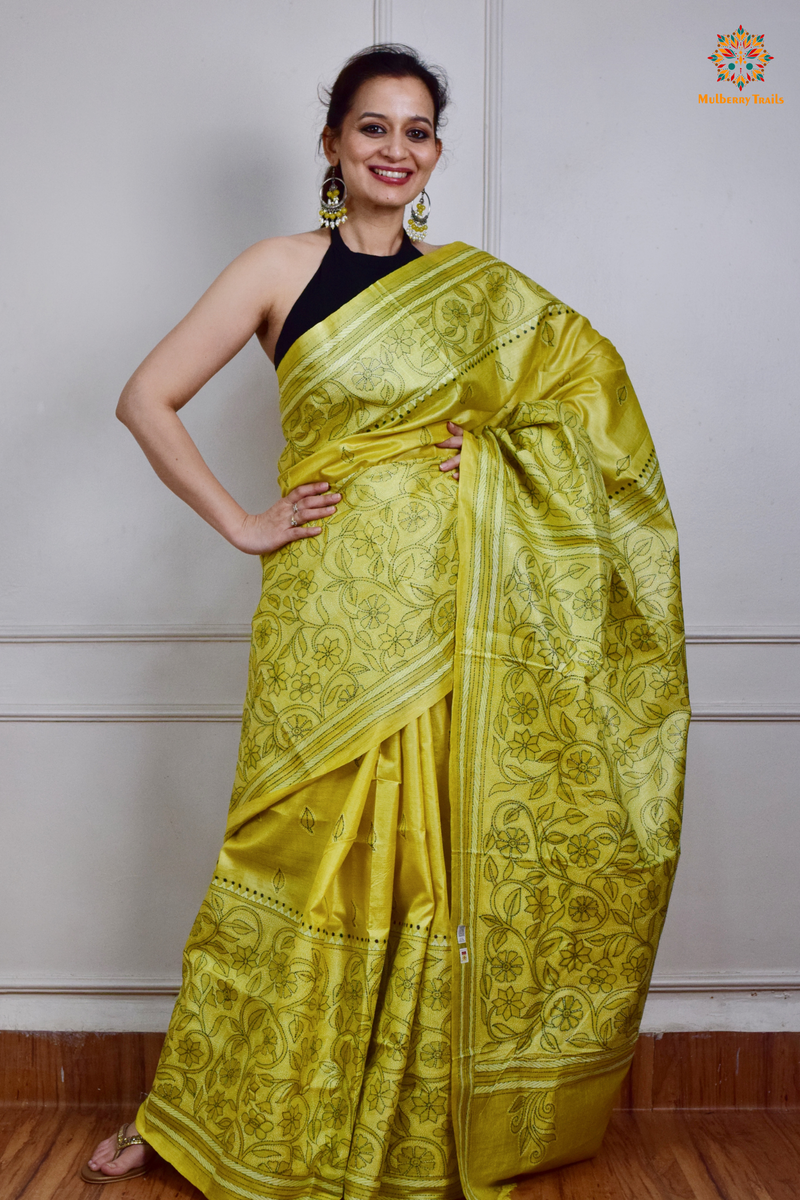 Rima - Tusser Silk Saree with all over Kantha Embroidery