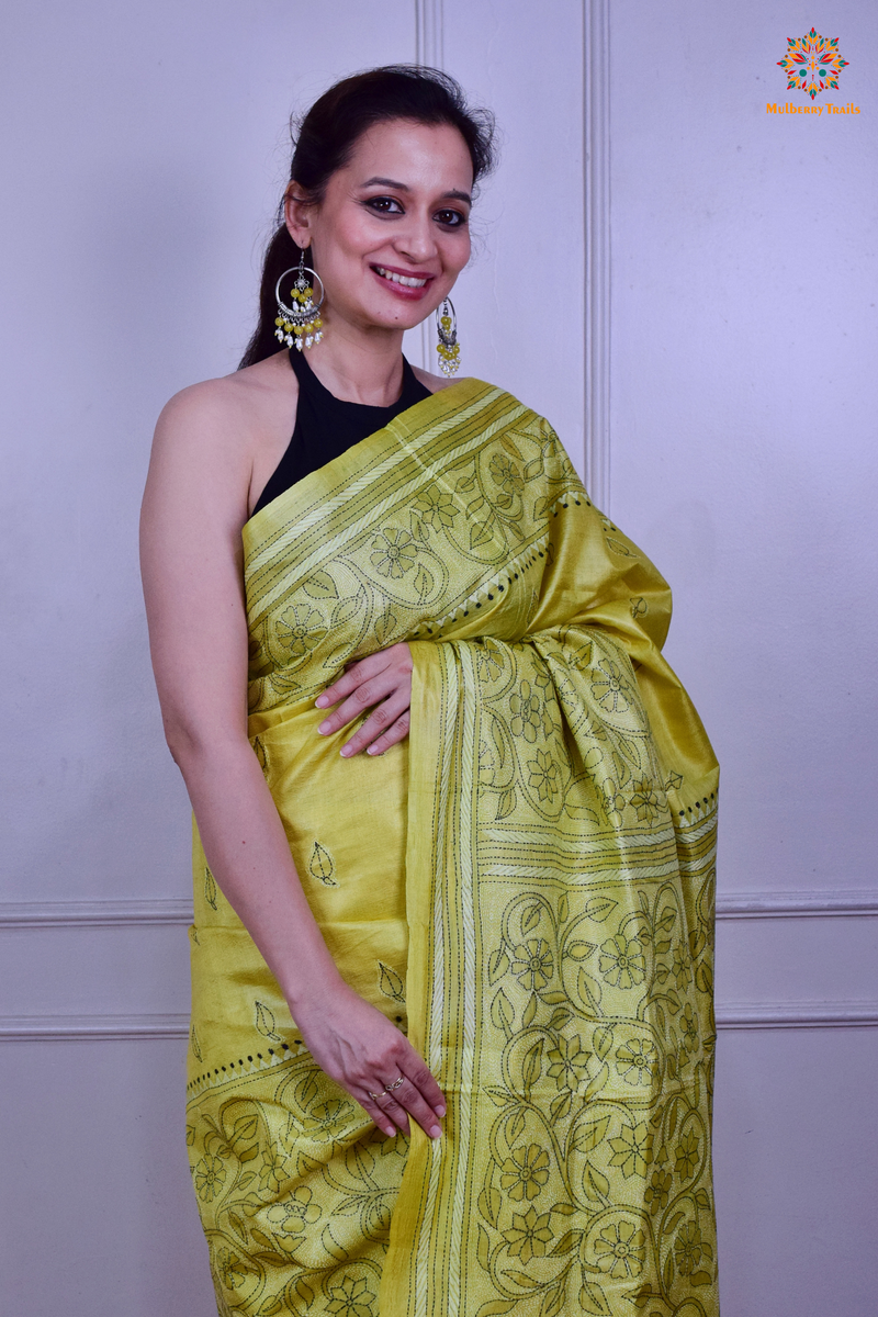 Rima - Tusser Silk Saree with all over Kantha Embroidery