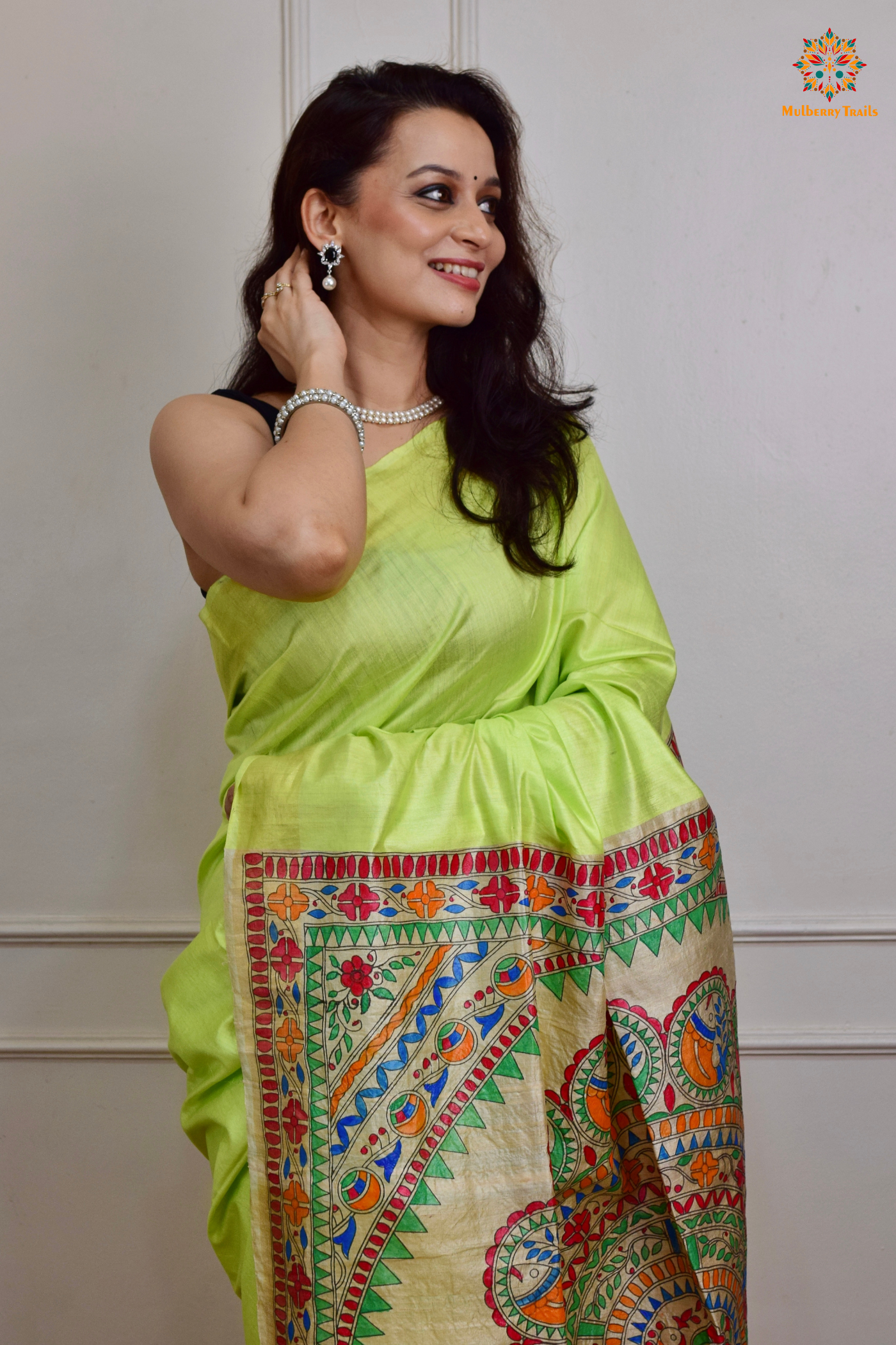 Pavani - Staple Tusser Handpainted Madhubani Saree- Lime Green