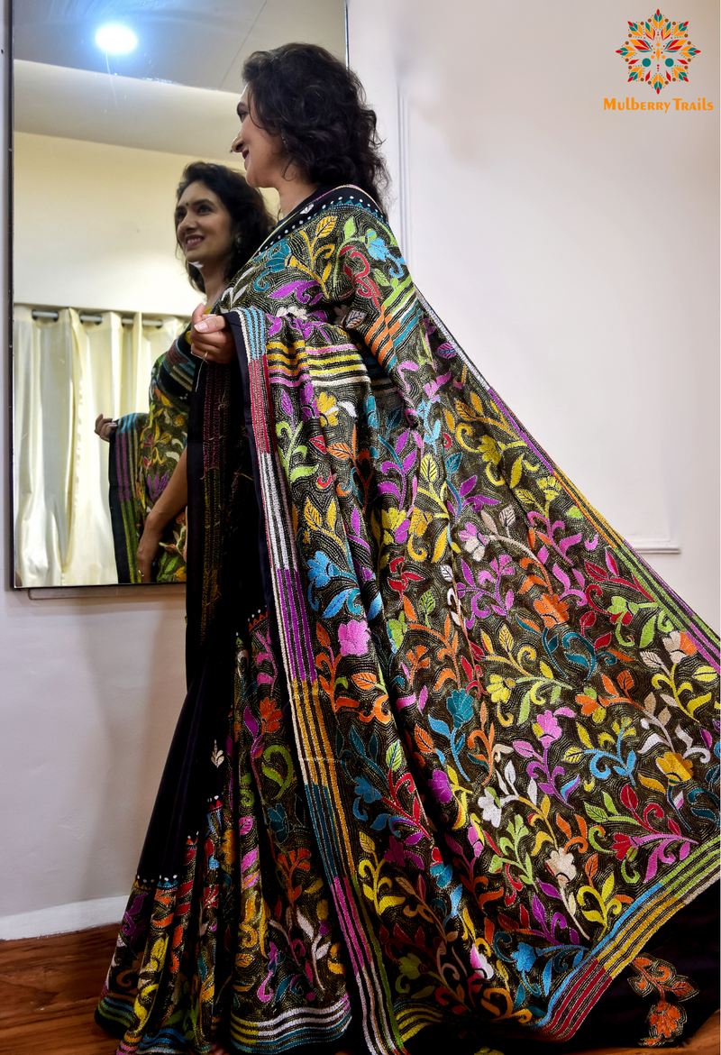 Rima - Black Bangalore Silk Kantha Embroidery Saree