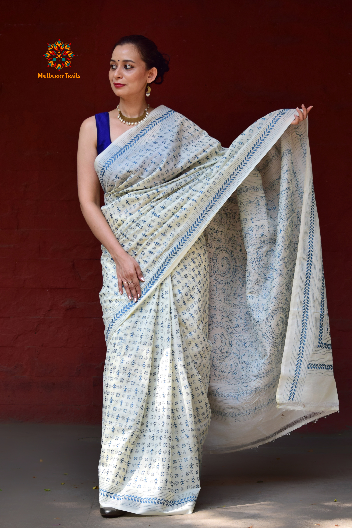 Rima - Tusser Silk Saree with Blue Warli Embroidery Saree