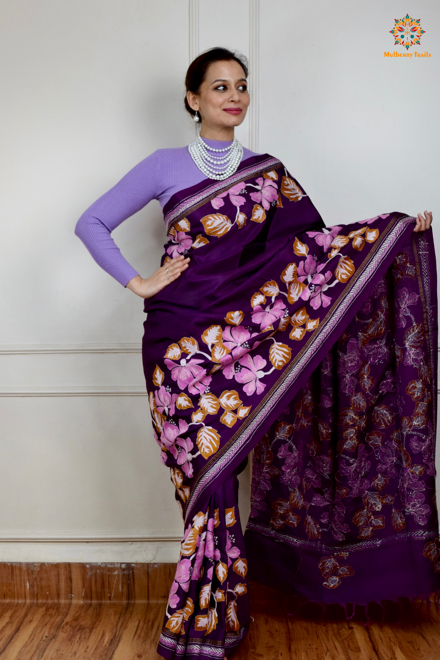 Rima - Kanchi Silk Saree with all over Kantha Embroidery