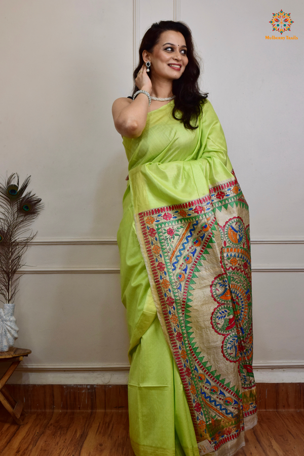 Pavani - Staple Tusser Handpainted Madhubani Saree- Lime Green