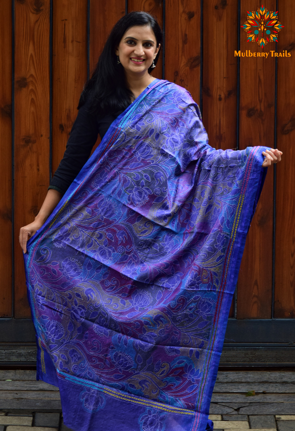 Hand Embroidered Silk Kantha Dupatta - Blue