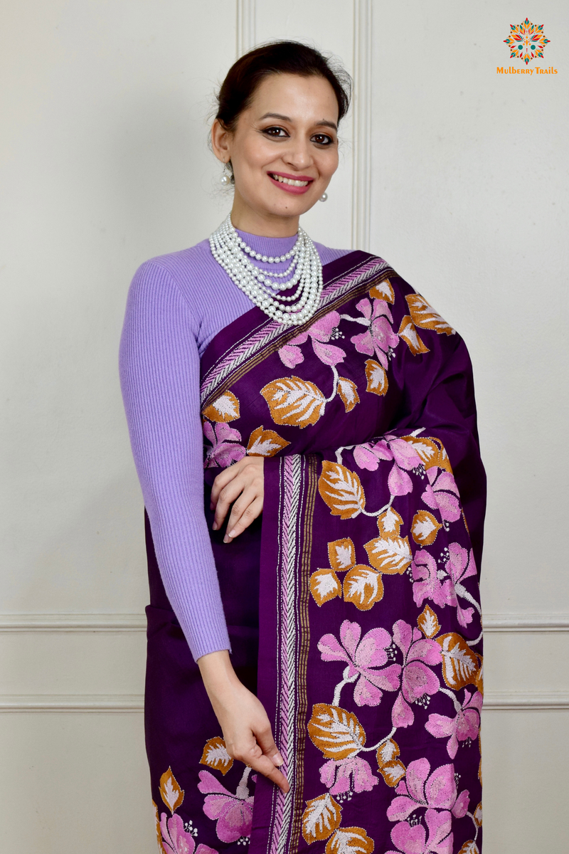 Rima - Kanchi Silk Saree with all over Kantha Embroidery