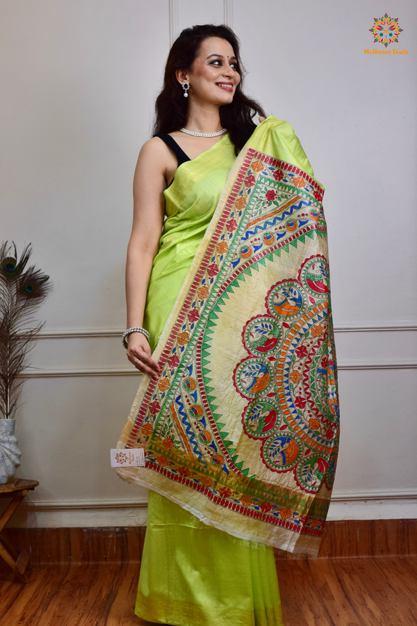 Pavani - Staple Tusser Handpainted Madhubani Saree- Lime Green