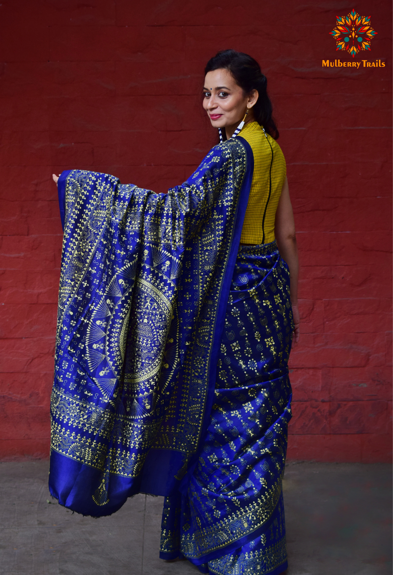 Rima - Pure Bangalore Silk Warli Embroidery Saree Blue