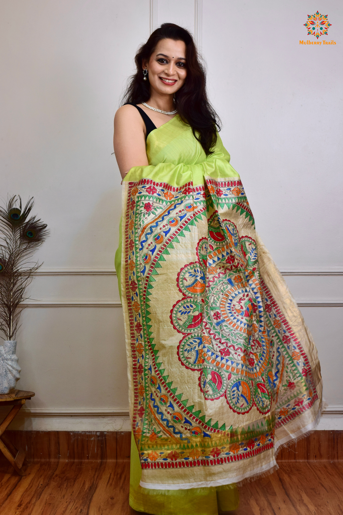 Pavani - Staple Tusser Handpainted Madhubani Saree- Lime Green