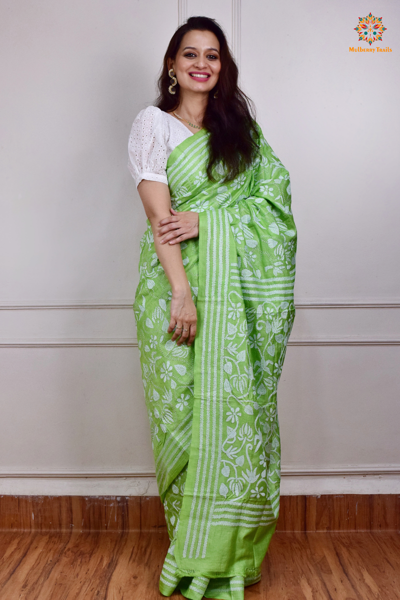 Rima - Mint Green Tusser Silk Saree with all over Kantha Embroidery